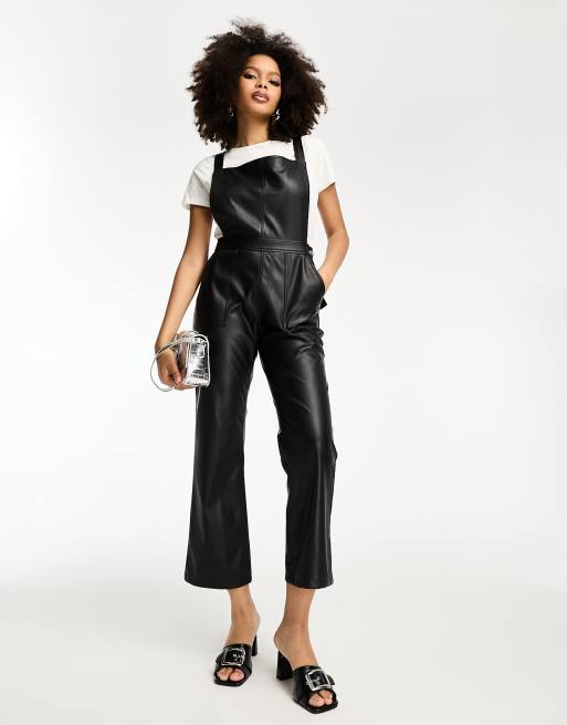 ASOS DESIGN PU wide leg dungaree in black