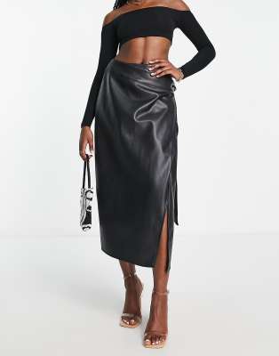 Never Fully Dressed PU wrap midi skirt in black - view 1