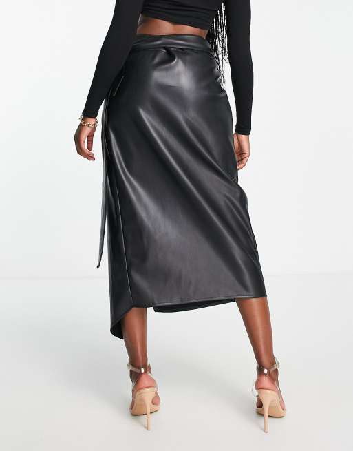 Never Fully Dressed PU wrap midi skirt in black