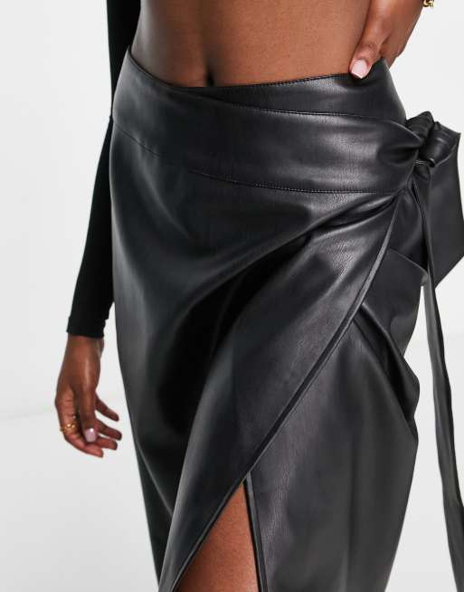 Never Fully Dressed PU wrap midi skirt in black | ASOS