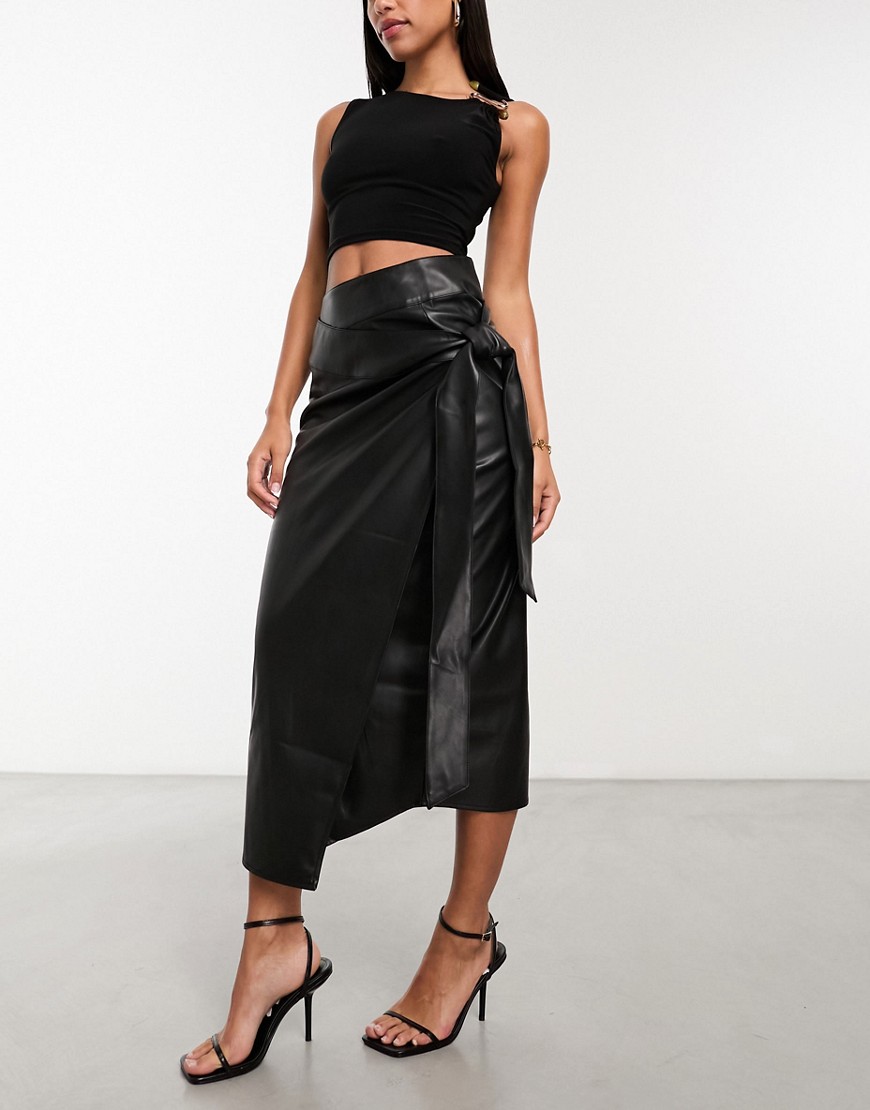Never Fully Dressed Pu Wrap Midi Skirt In Black