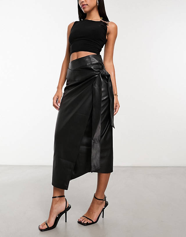 Never Fully Dressed - pu wrap midi skirt in black