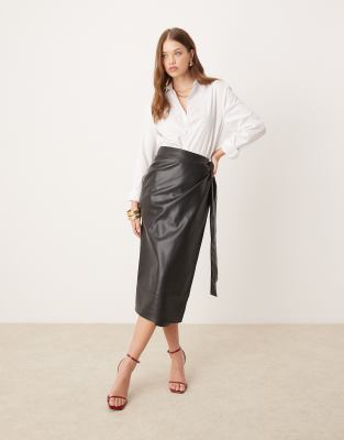 PU wrap midi skirt in black