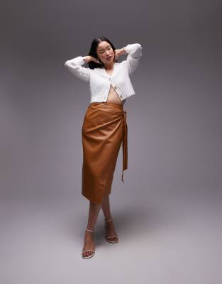 PU wrap midi skirt in camel-Neutral