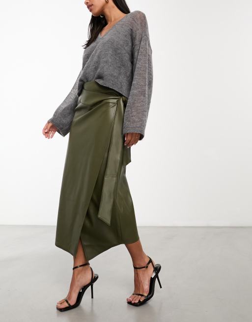 Never Fully Dressed PU wrap midi skirt in khaki