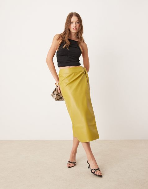 Never Fully Dressed PU wrap midi skirt in olive 