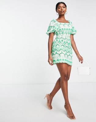 Never Fully Dressed puff sleeve broderie mini dress in green