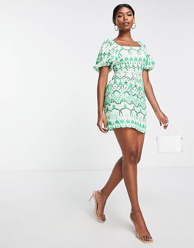 Never Fully Dressed puff sleeve broderie mini dress in green