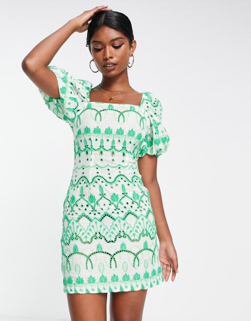 Never Fully Dressed puff sleeve broderie mini dress in green | ASOS