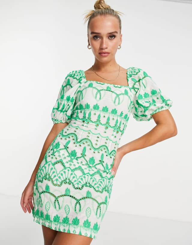 Never Fully Dressed puff sleeve broderie mini dress in green