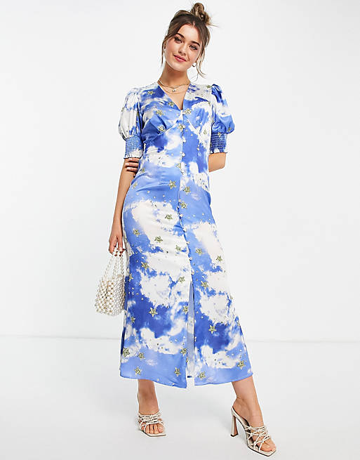 Never Fully Dressed puff sleeve button midi dress with gold stars in blue sky print