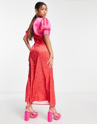 Never Fully Dressed mesh frill midaxi dress in contrast pink and red