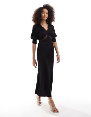 Never Fully Dressed puff sleeve lace detail midaxi dress in black - view 1