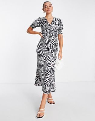 puff sleeve maxi dress in zebra print-Multi