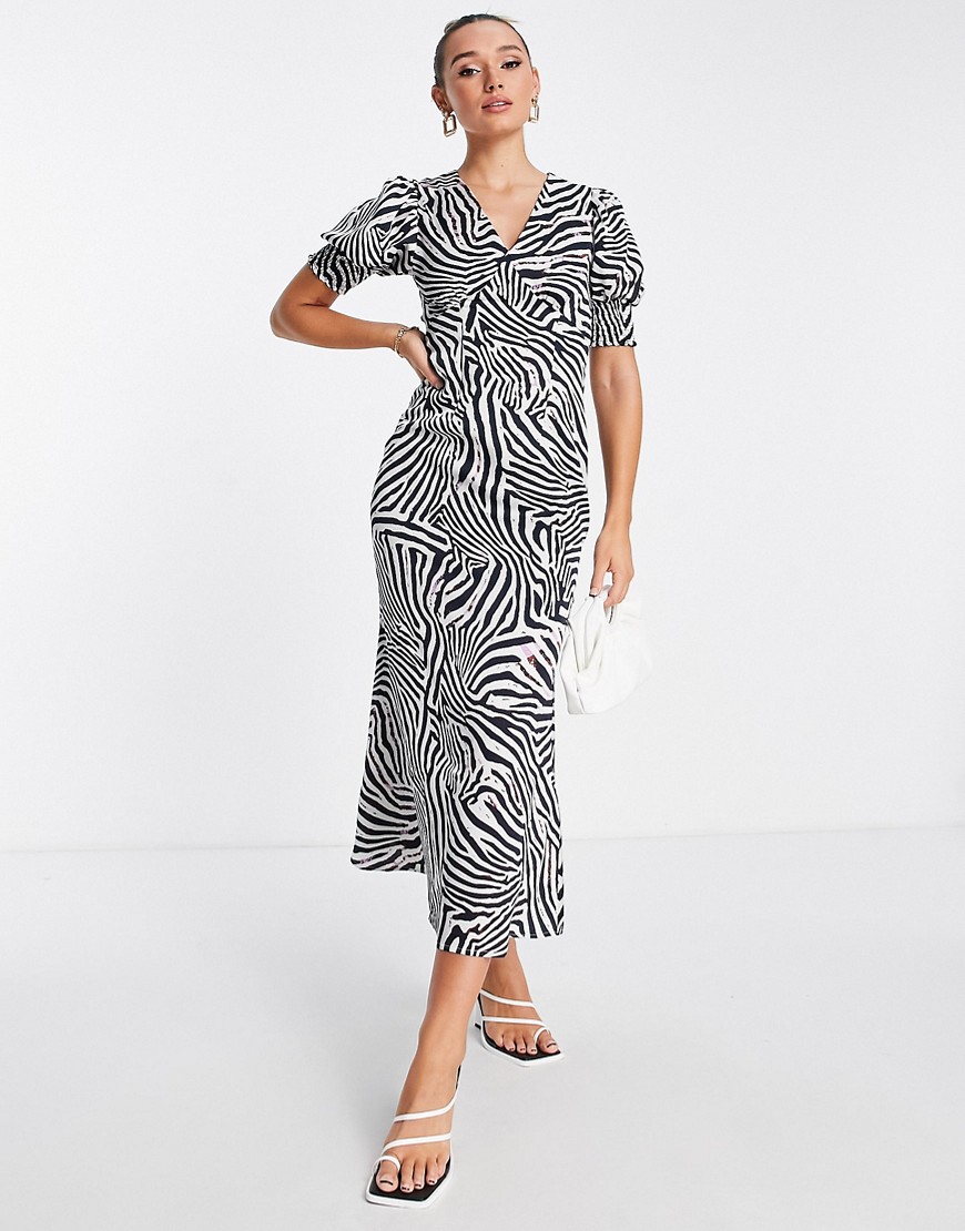 Never Fully Dressed puff sleeve maxi dress in zebra print-Multi
