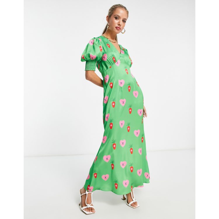 Never Fully Dressed puff sleeve midaxi dress in green heart print