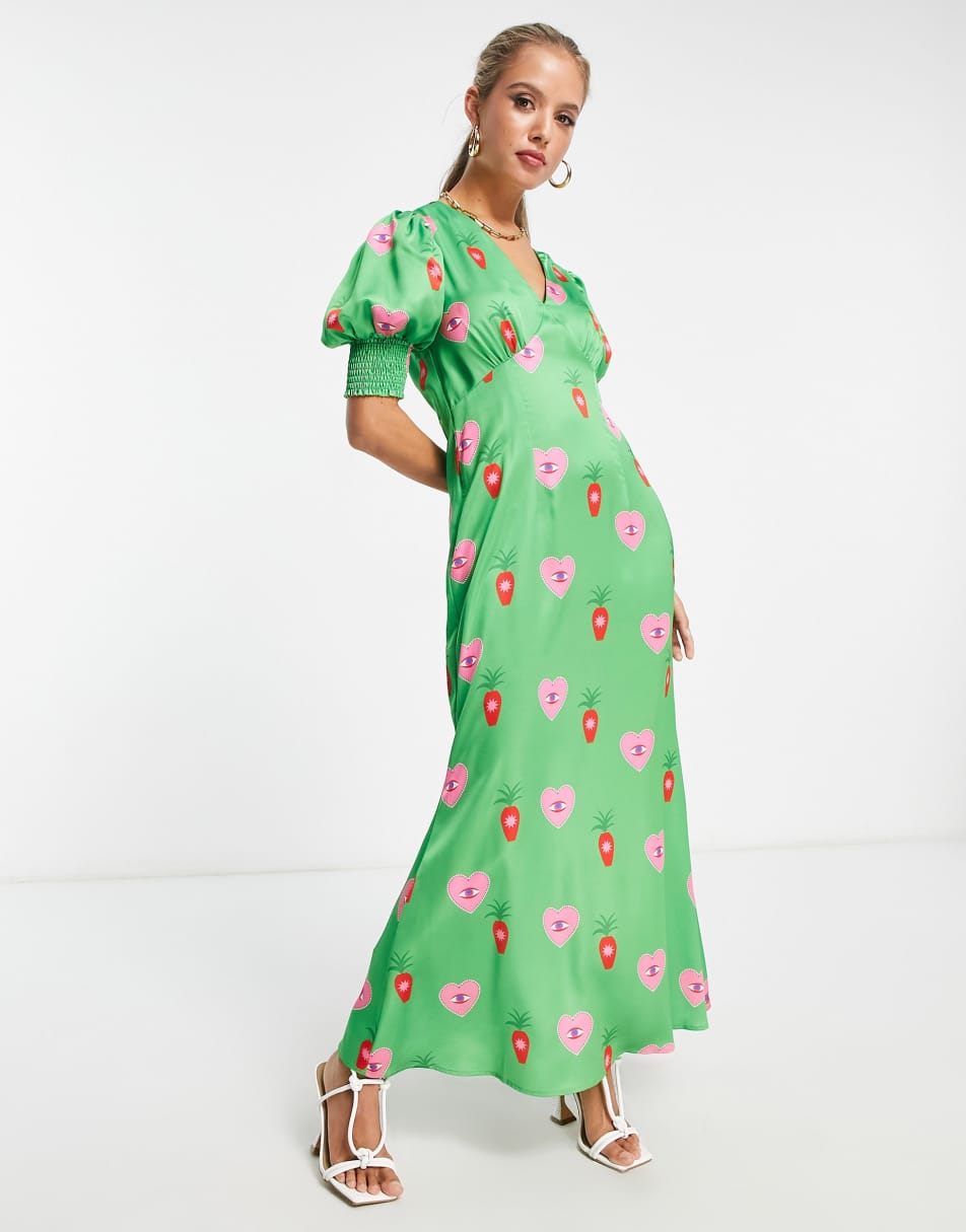 Pleated midaxi dress in polka dot print with ruffled neck, ecru