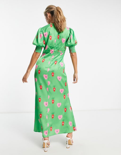 Never Fully Dressed puff sleeve midaxi dress in green heart print | ASOS