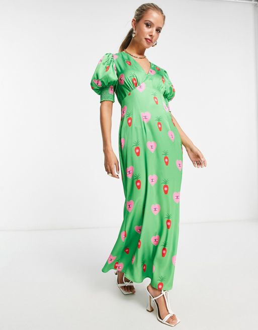 Never Fully Dressed puff sleeve midaxi dress in green heart print