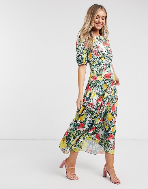 Never Fully Dressed puff sleeve midaxi dress in tropical floral print