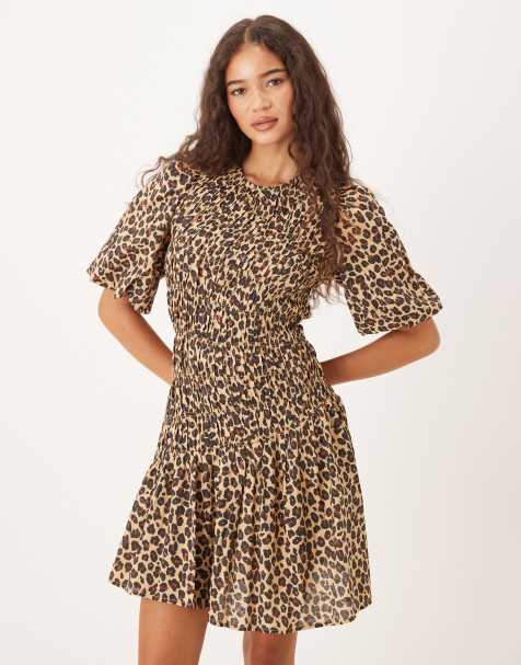 Never Fully Dressed puff sleeve pleated mini dress in leopard