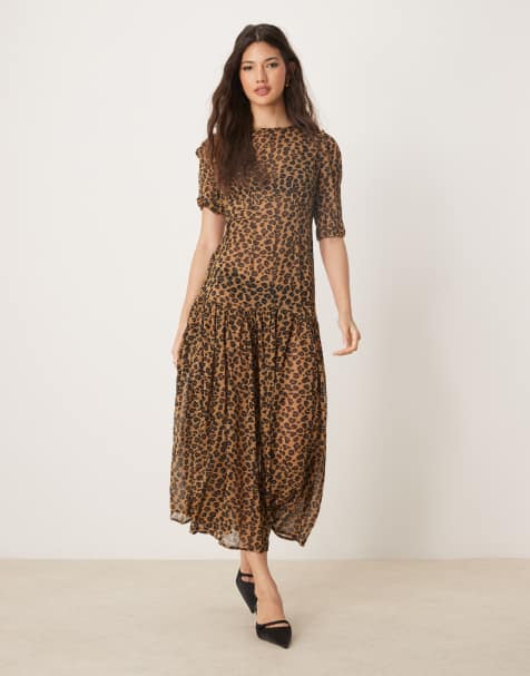 Never Fully Dressed puff sleeve sheer drop hem maxi dress in leopard