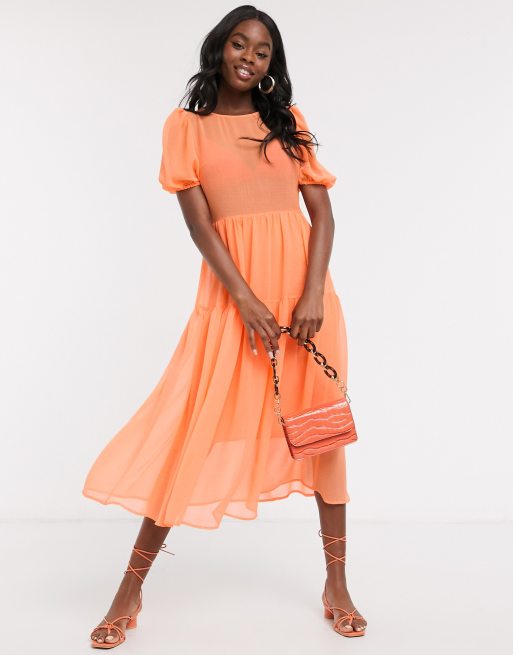 Never Fully Dressed puff sleeve sheer tiered trapeze maxi dress in neon  orange