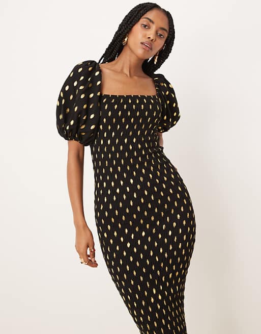 Never Fully Dressed puff sleeve shirred midaxi dress in Never Fully Dressed puff sleeve shirred midaxi dress in
