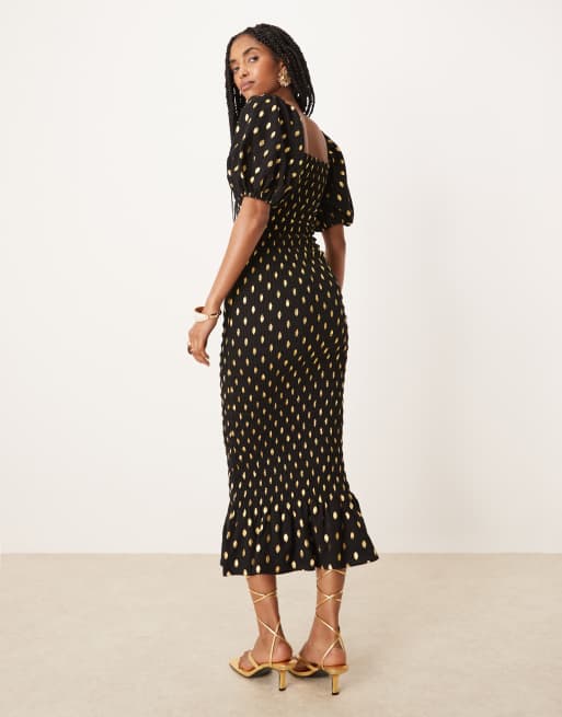 Never Fully Dressed puff sleeve shirred midaxi dress in black, 4 of 4