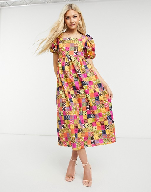 Never Fully Dressed puff sleeve smock midi dress in patchwork print