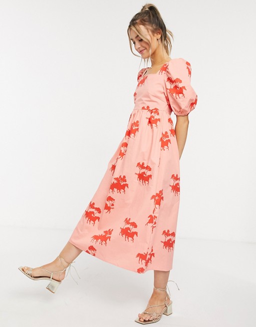 Never Fully Dressed puff sleeve tie midi smock dress in contrast horse print