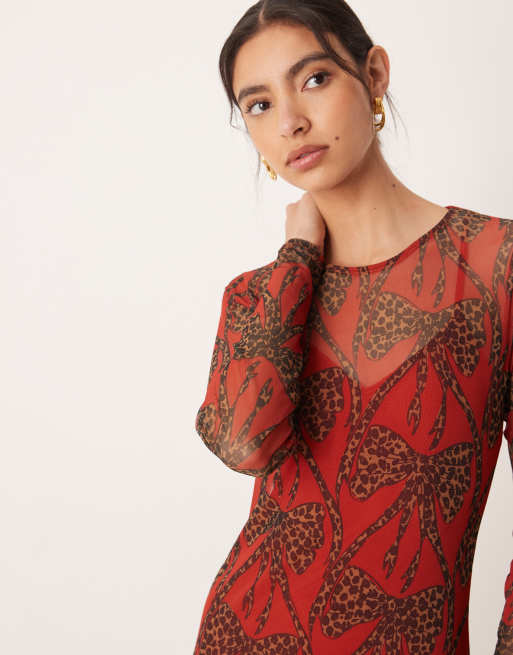 Never Fully Dressed - Rød maxikjole med leopard-sløjfeprint i mesh, 2 af 4