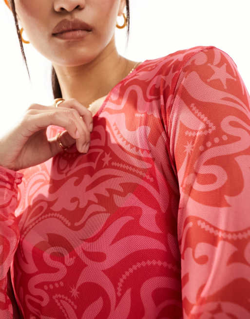 Never Fully Dressed - Rød og lyserød midaxi-kjole i mesh, 3 af 4