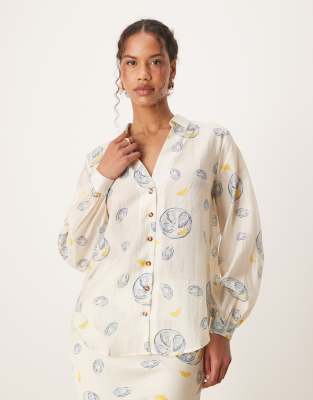 Never Fully Dressed Never Fully Dressed relaxed shirt co-ord in oyster lemon print-White