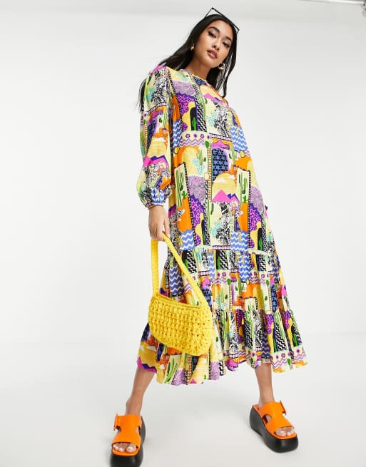 Never Fully Dressed retro cactus print midi dress in multi