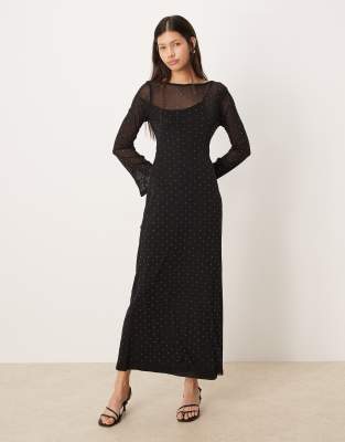 Never Fully Dressed Rhinestone Embellished Long Sleeve Maxi Dress In Black