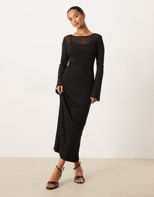 Never Fully Dressed rhinestone embellished mesh bell sleeve maxi dress in black