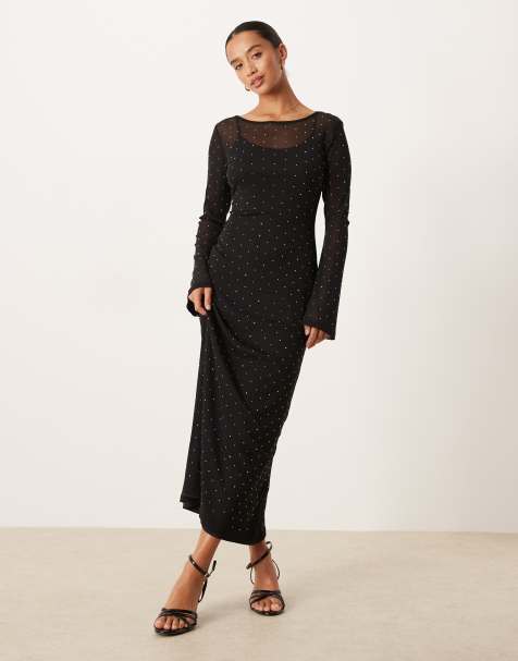 Never Fully Dressed rhinestone embellished mesh bell sleeve midaxi dress in black - view 1