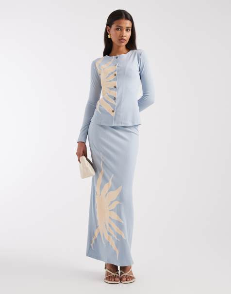 Never Fully Dressed ribbed cardigan and maxi skirt set in ice blue sol print - view 1