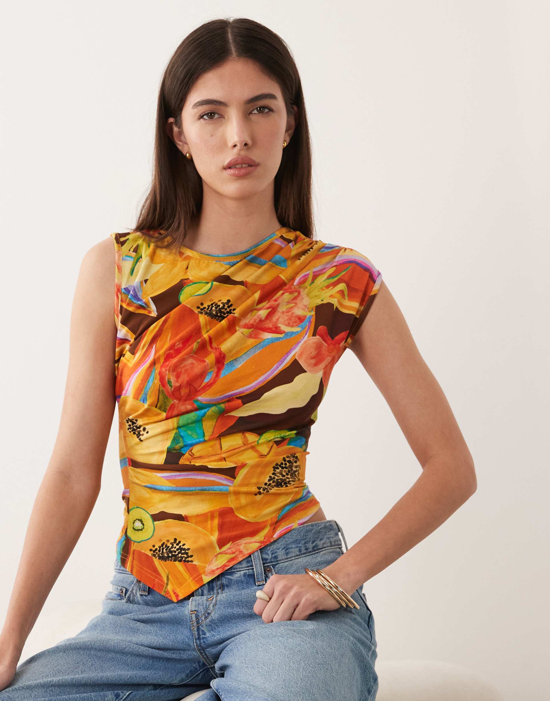 never fully dressed rio asymmetric top in papaya print