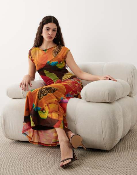 Never Fully Dressed - Rio - Maxi jurk van mesh met kapmouwtjes in oranje papayaprint - view 1