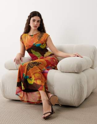 Never Fully Dressed Rio Mesh Cap Sleeve Maxi Dress In Multi