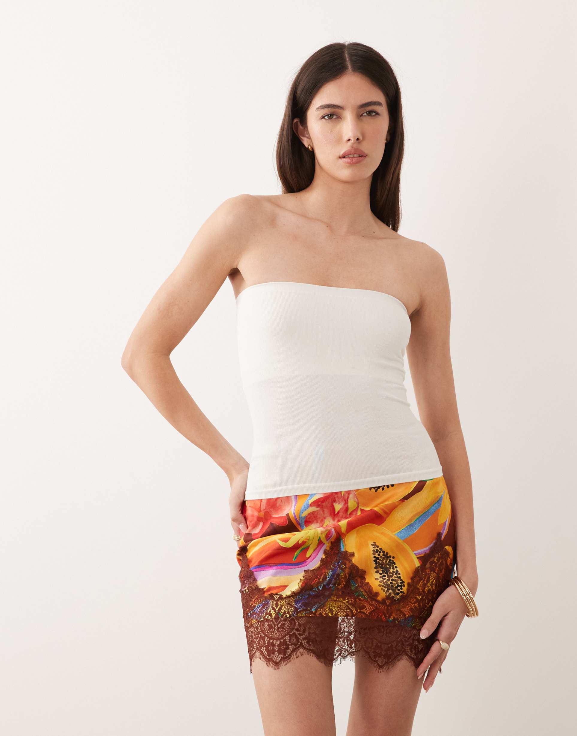 never fully dressed rio mini skirt with lace trim in papaya print