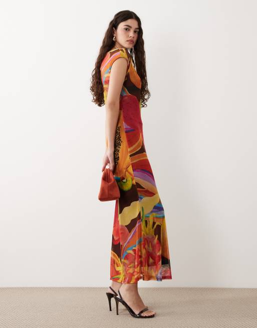 Never Fully Dressed - Rio - Vestito lungo con maniche ad aletta in rete arancione con stampa di papaya, 2 di 4