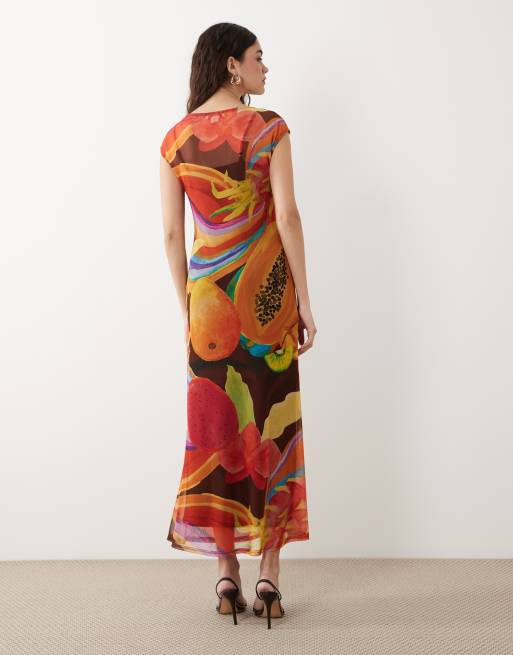 Never Fully Dressed - Rio - Vestito lungo con maniche ad aletta in rete arancione con stampa di papaya, 4 di 4