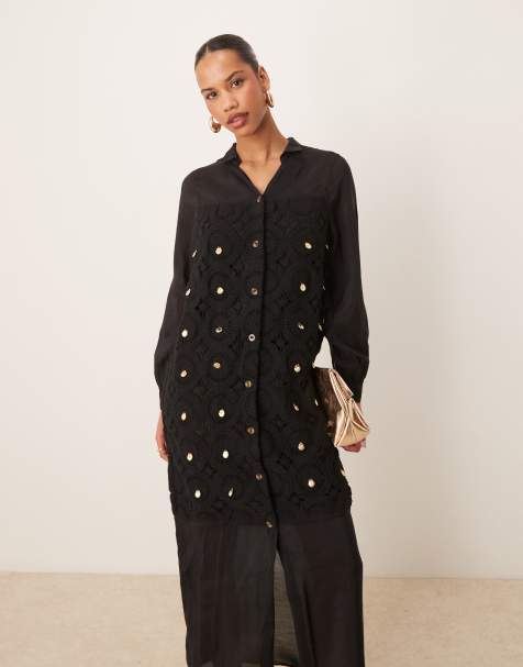 Never Fully Dressed - Robe chemise longue au crochet - Noir - view 1