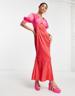 Never Fully Dressed puff sleeve contrast maxi dress in pink and red - ASOS Price Checker