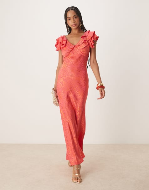 Never Fully Dressed - Robe longue en jacquard métallisé avec manches à volants et imprimé animal - Rose - view 1