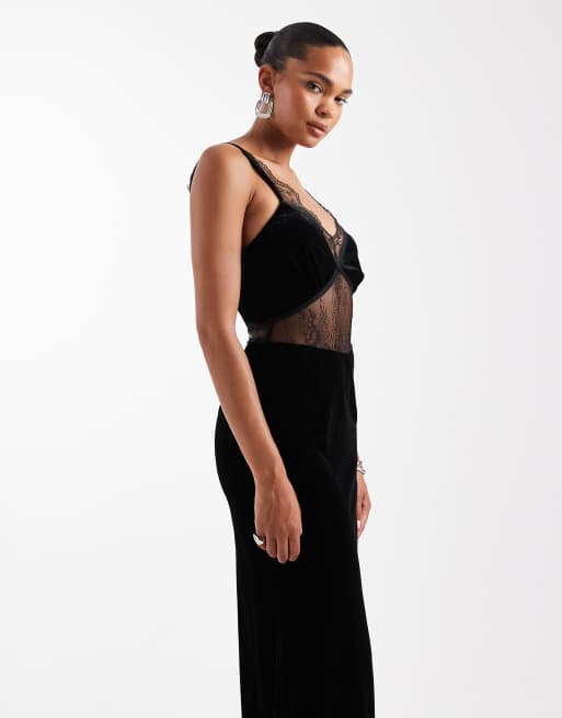 Never Fully Dressed - Robe longue en velours avec empiècements en dentelle - Noir, 4 de 4