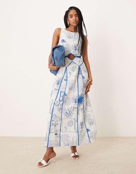 Never Fully Dressed - Robe longueur mollet à surpiqûres contrastantes - Bleu imprimé - view 1